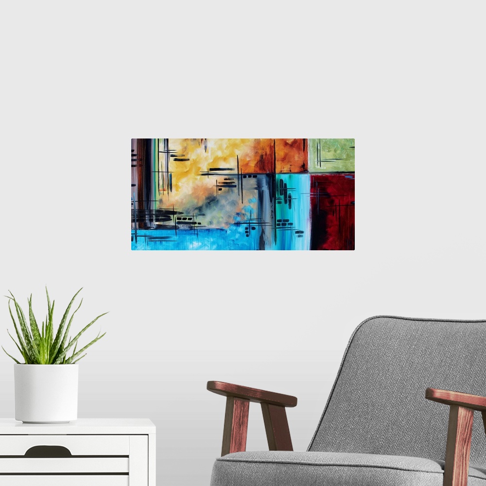 A modern room featuring Abstract art of blocks of color with lines and dashes throughout the piece.