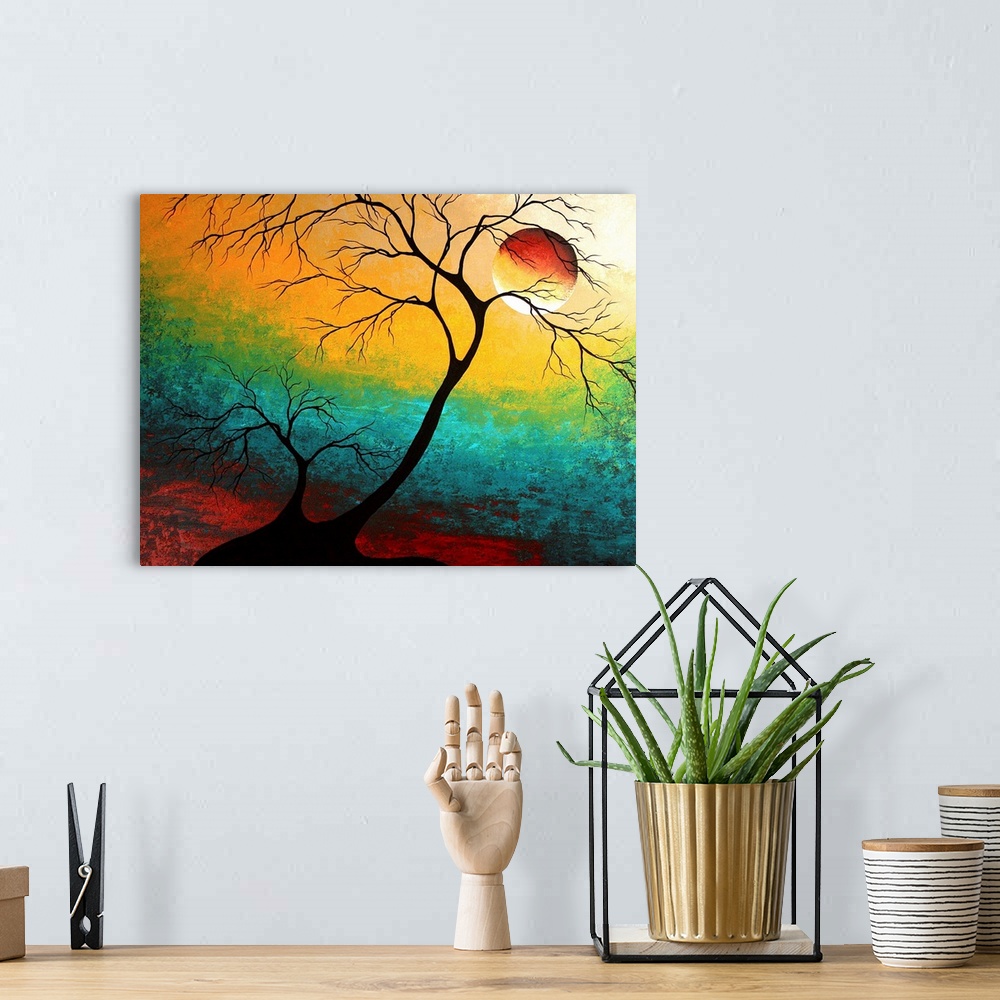 A bohemian room featuring Contemporary abstract image of tree silhouettes with colorful striped horizontal sky and full moon.