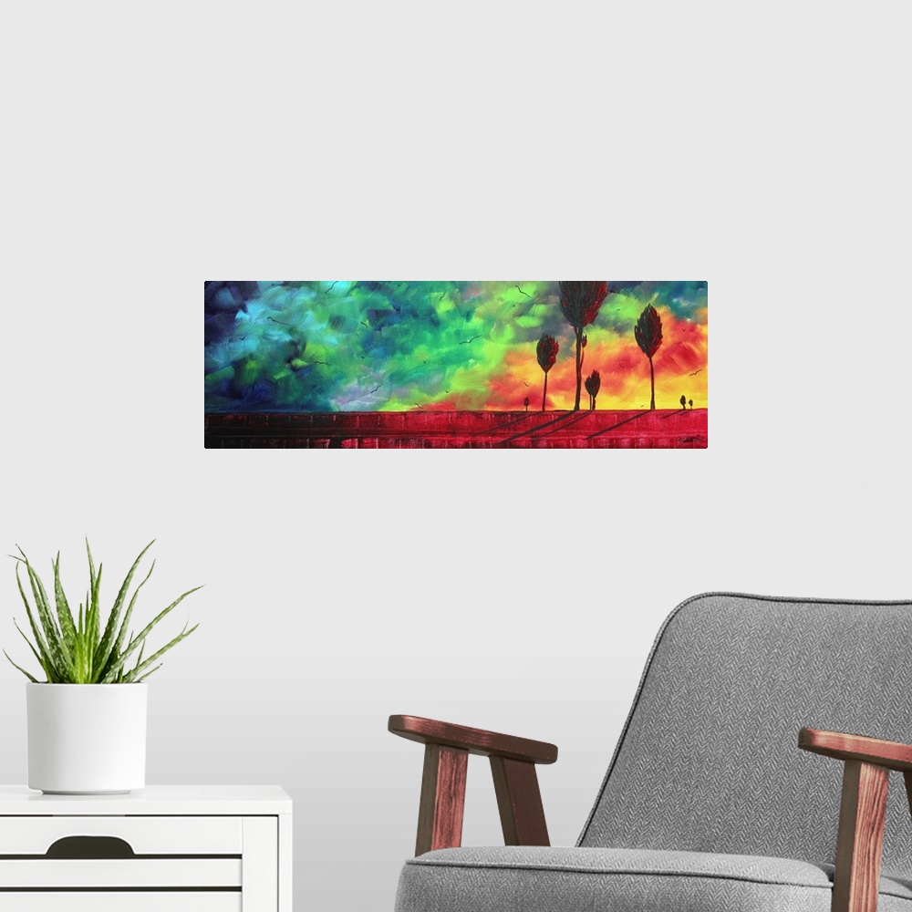 A modern room featuring Contemporary abstract painting of trees silhouetted against a brightly colored sky made up of bro...