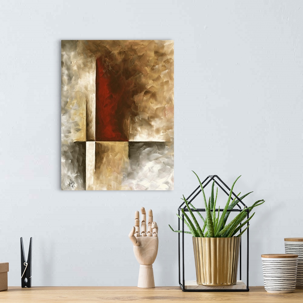 A bohemian room featuring Contemporary abstract painting in deep, earthy tones with rough texture.