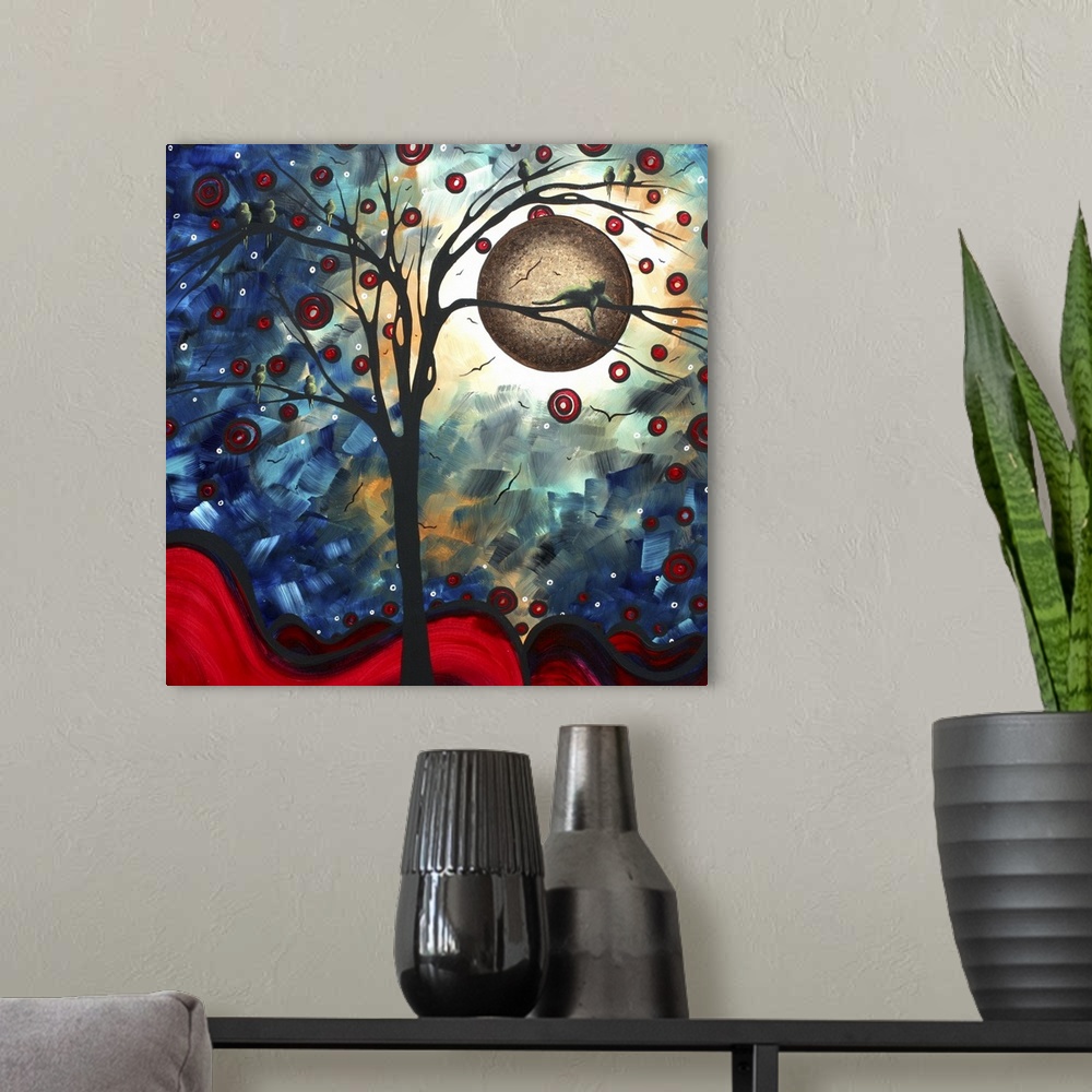 A modern room featuring A cat and several birds are perched in a frail tree that is surrounded by small red circles and a...