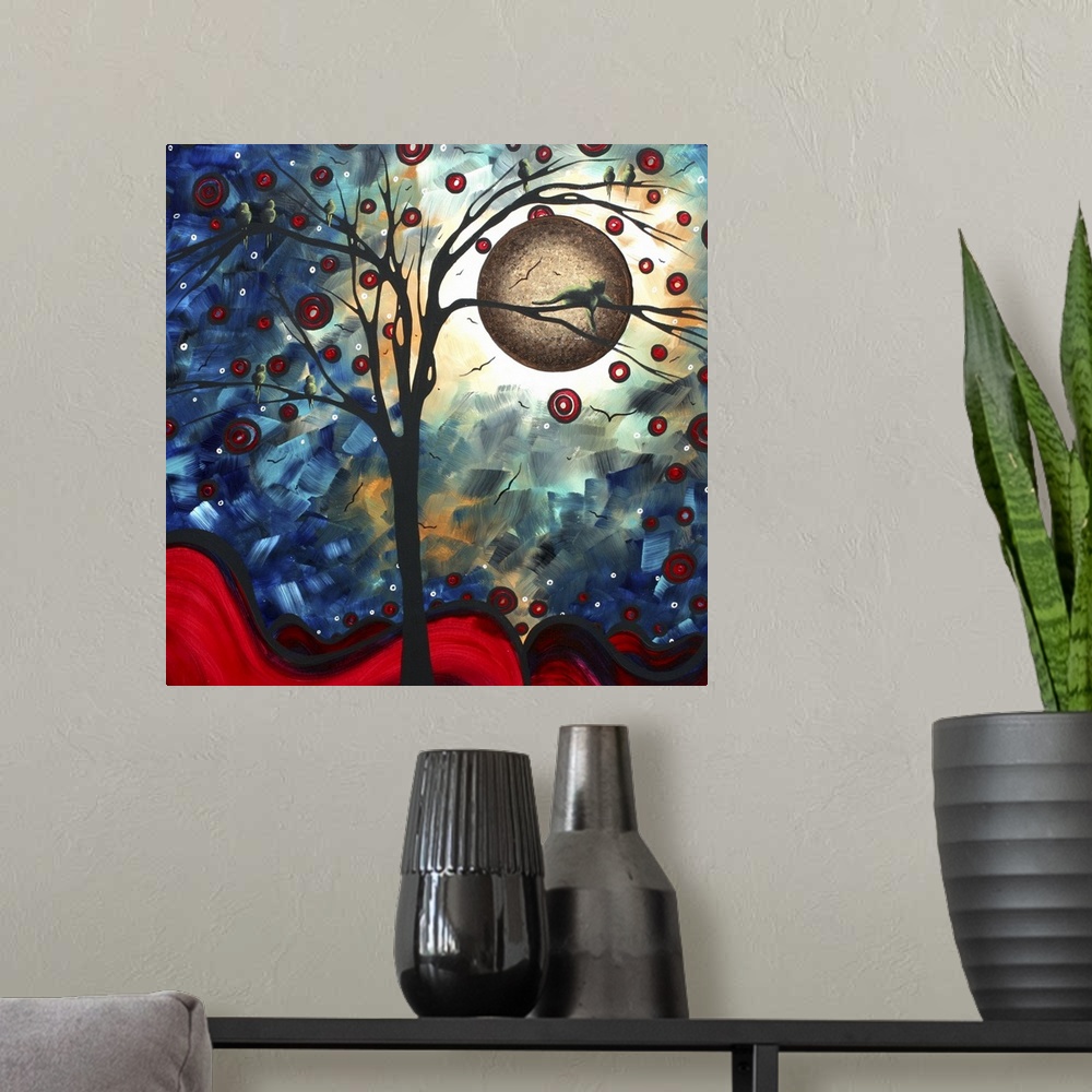 A modern room featuring A cat and several birds are perched in a frail tree that is surrounded by small red circles and a...