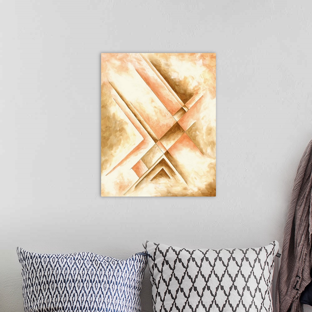 A bohemian room featuring Contemporary abstract painting using tones of gold and angular shapes.