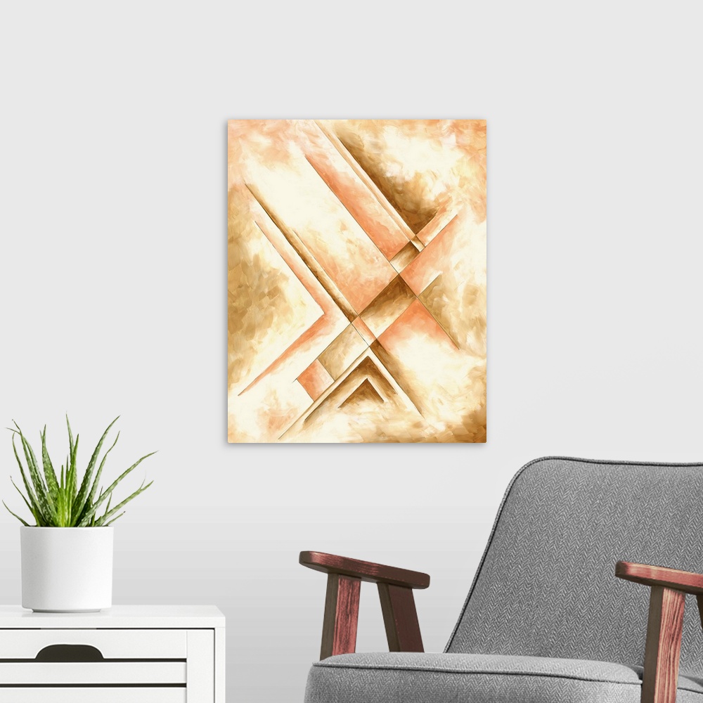 A modern room featuring Contemporary abstract painting using tones of gold and angular shapes.