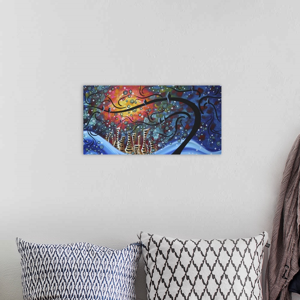 A bohemian room featuring This is a whimsical painting in MADART's Popular Circle of Life Series but it also includes aspec...