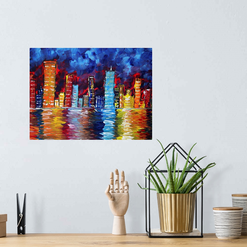 A bohemian room featuring Landscape, large contemporary art of skyscrapers reflecting over water.  Painted with very heavy ...