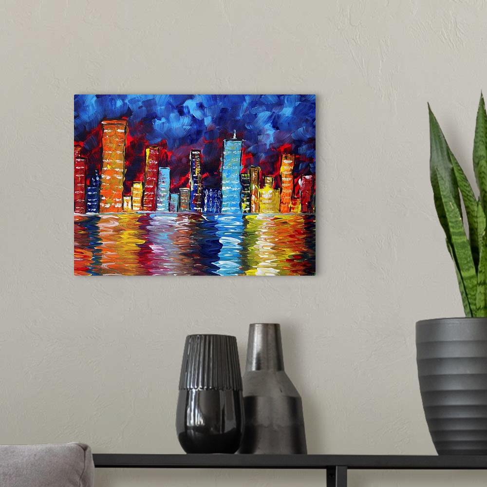 A modern room featuring Landscape, large contemporary art of skyscrapers reflecting over water.  Painted with very heavy ...