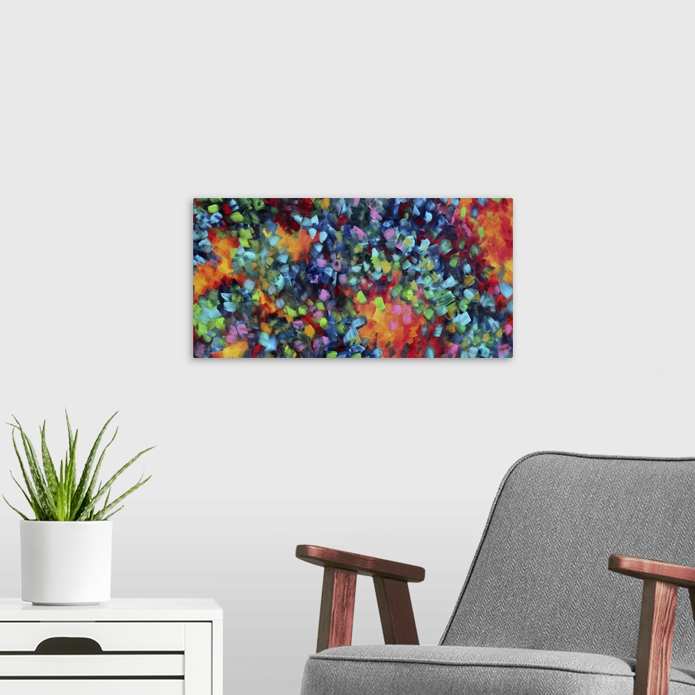 A modern room featuring Abstract artwork that has lots of bright colors painted in tiny squares and grouped together by w...