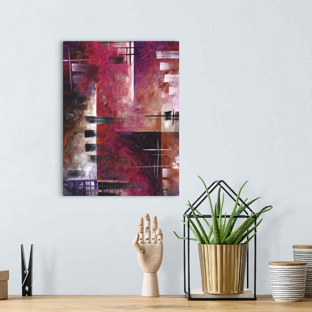 A bohemian room featuring Contemporary abstract painting using deep purple and red tones and angular geometric shapes.