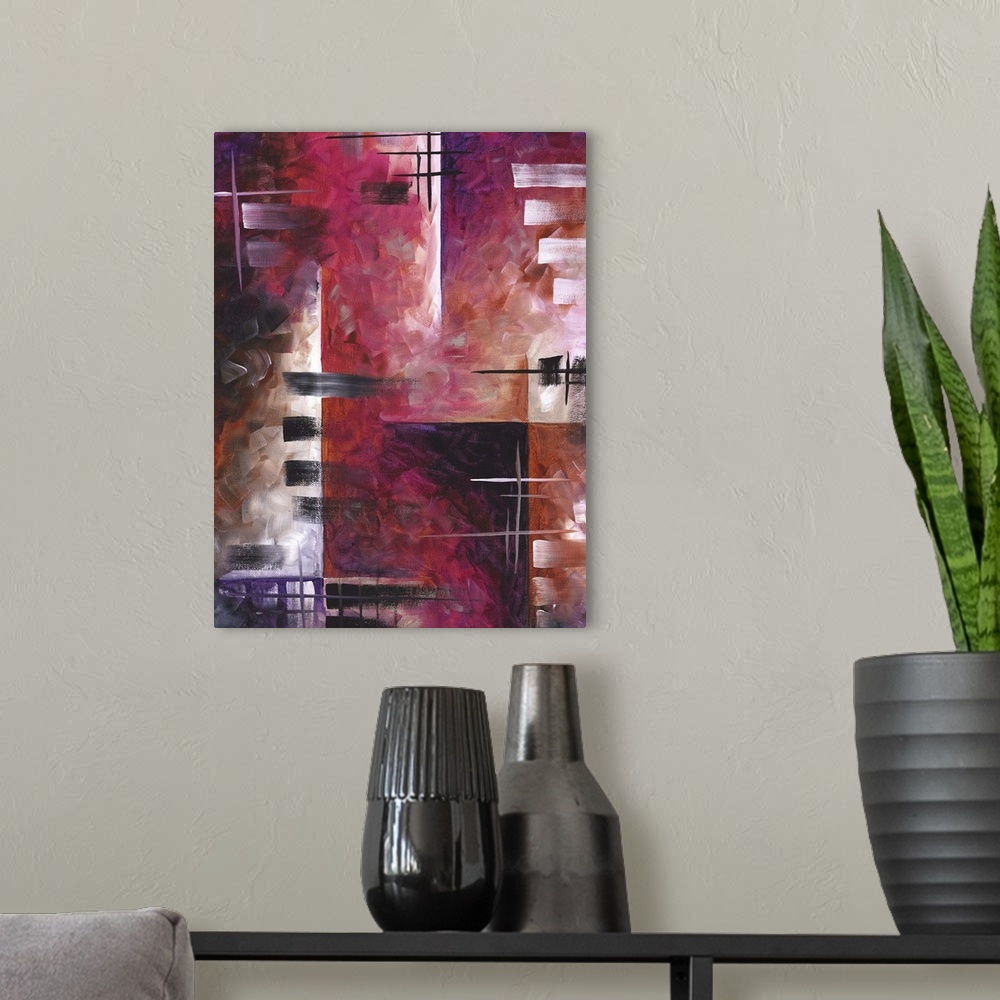 A modern room featuring Contemporary abstract painting using deep purple and red tones and angular geometric shapes.