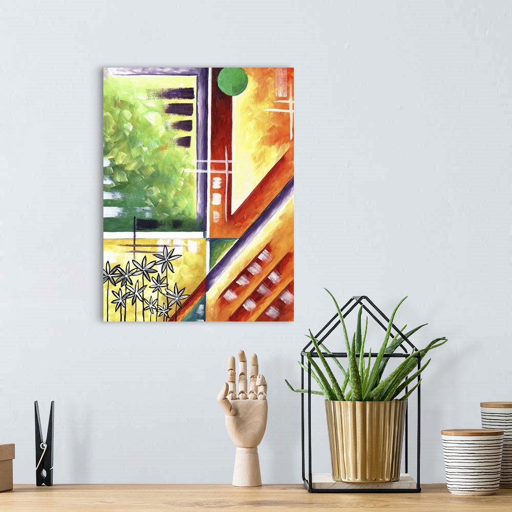 A bohemian room featuring Contemporary abstract painting using a wide spectrum of colors and angular geometric shapes.