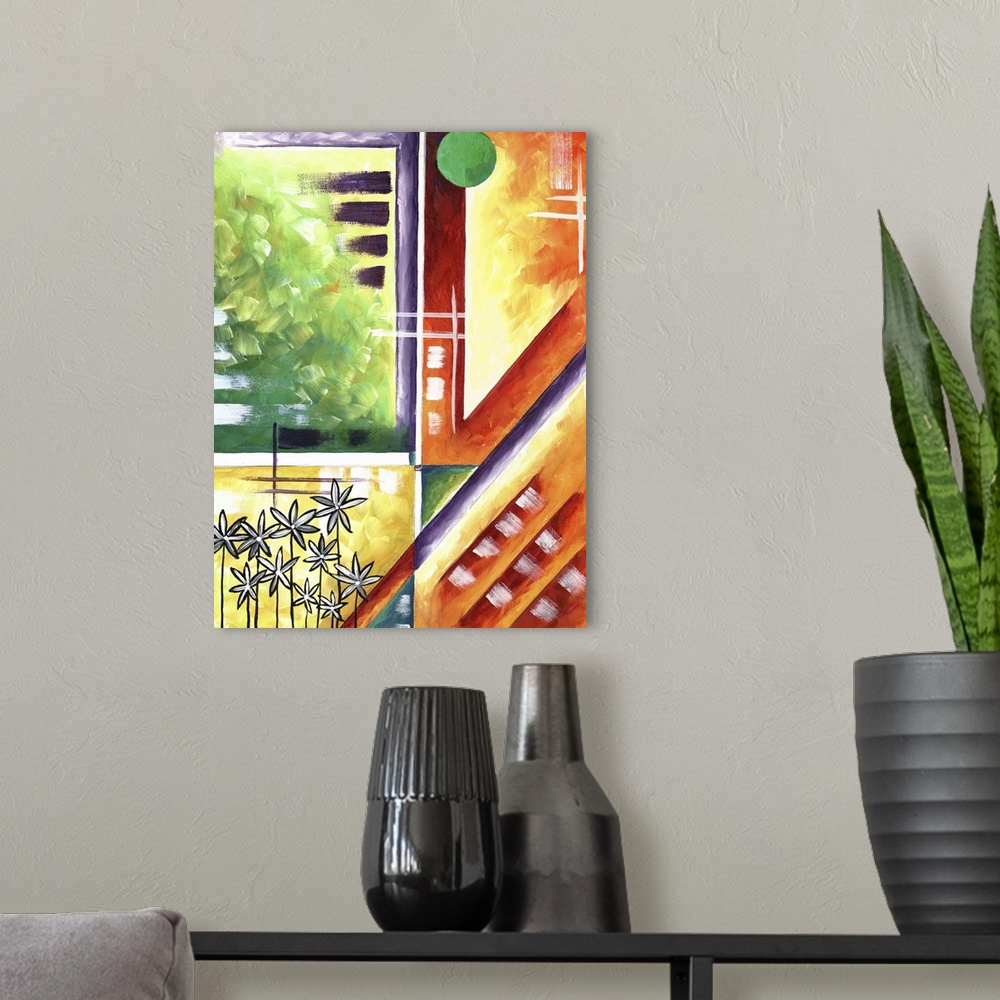 A modern room featuring Contemporary abstract painting using a wide spectrum of colors and angular geometric shapes.