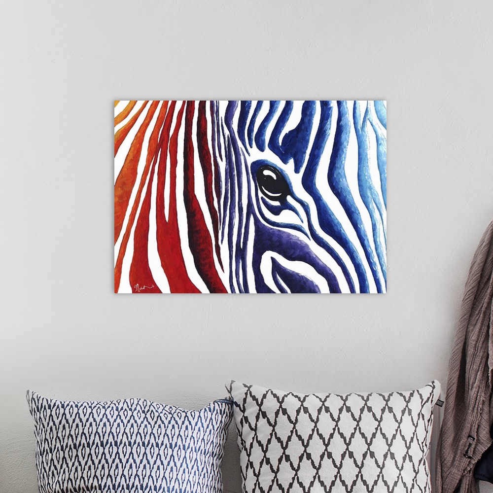 A bohemian room featuring An original contemporary and colorful zebra painting. Crimson red flows into stripes of purple th...