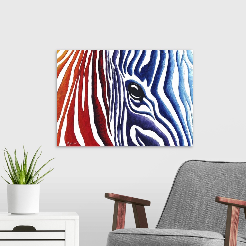 A modern room featuring An original contemporary and colorful zebra painting. Crimson red flows into stripes of purple th...
