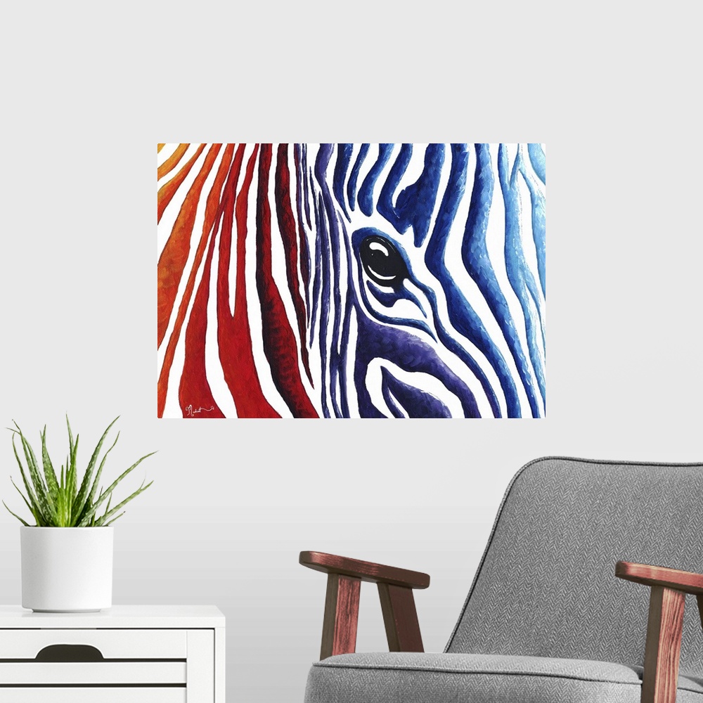 A modern room featuring An original contemporary and colorful zebra painting. Crimson red flows into stripes of purple th...