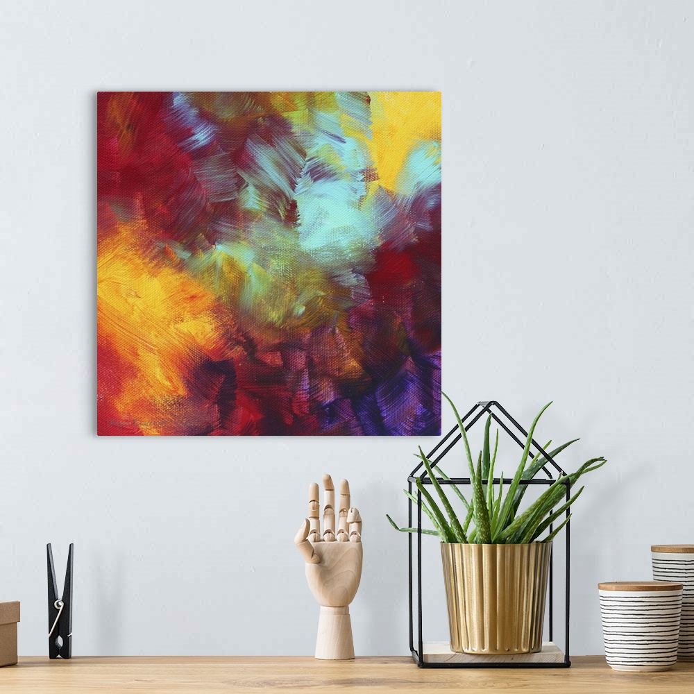 A bohemian room featuring Square, large painting for a living room or office of multicolored, vibrant, overlapping brushstr...