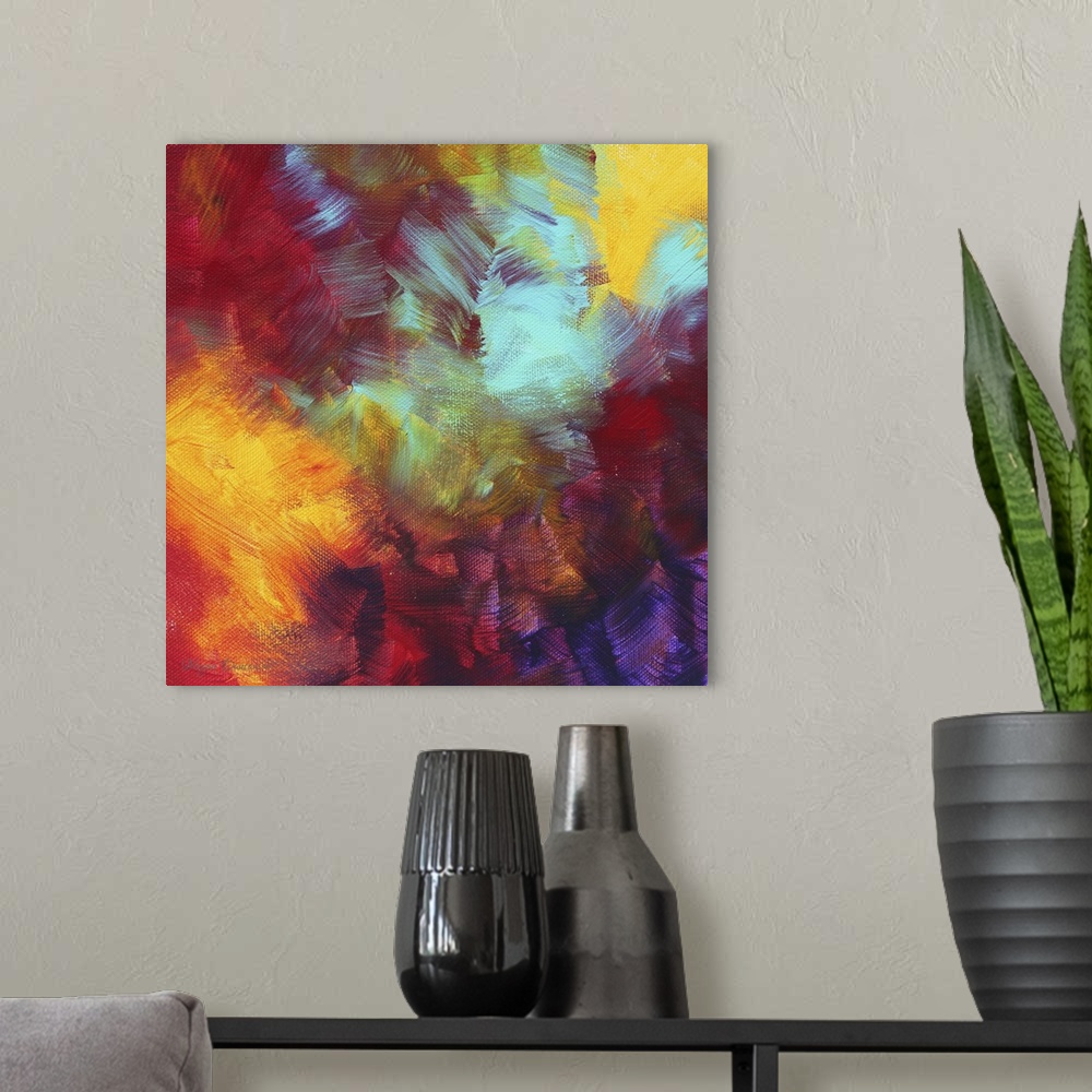 A modern room featuring Square, large painting for a living room or office of multicolored, vibrant, overlapping brushstr...
