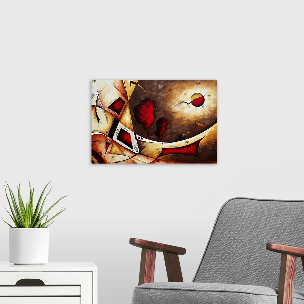 A modern room featuring Contemporary abstract painting of tree and mountain landscape with the moon in the sky.  The imag...