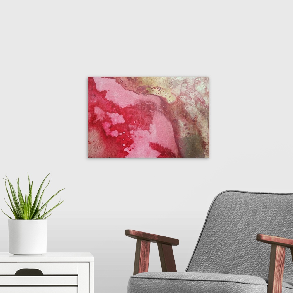 A modern room featuring Abstract artwork with various colors that appear to have bled together on the piece.