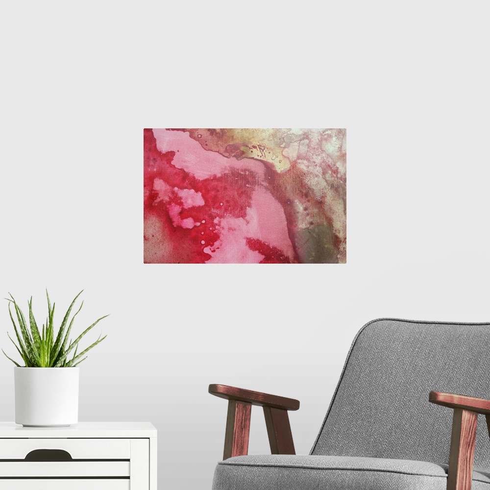 A modern room featuring Abstract artwork with various colors that appear to have bled together on the piece.