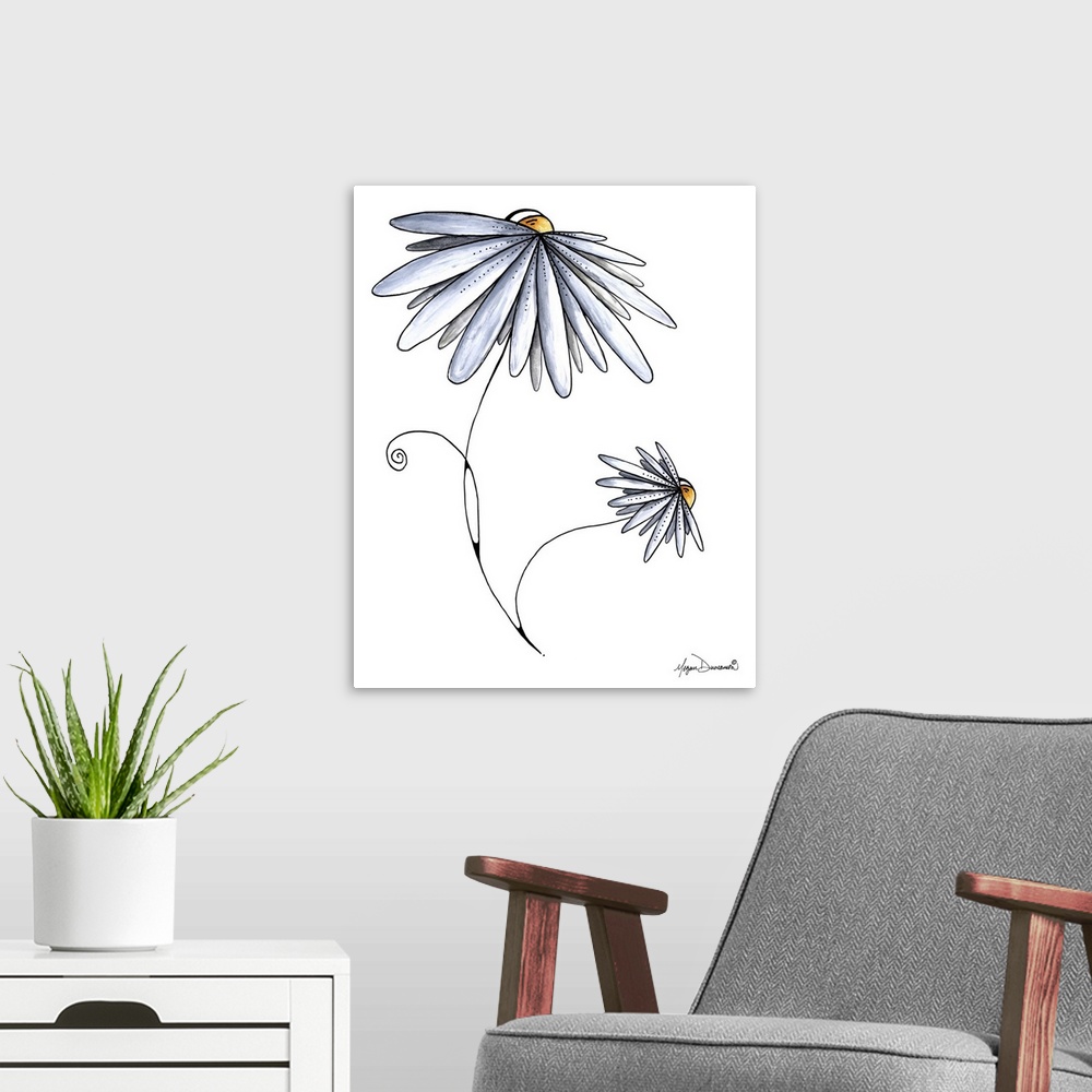 A modern room featuring Illustration of two flowers with several petals on a plain white background.