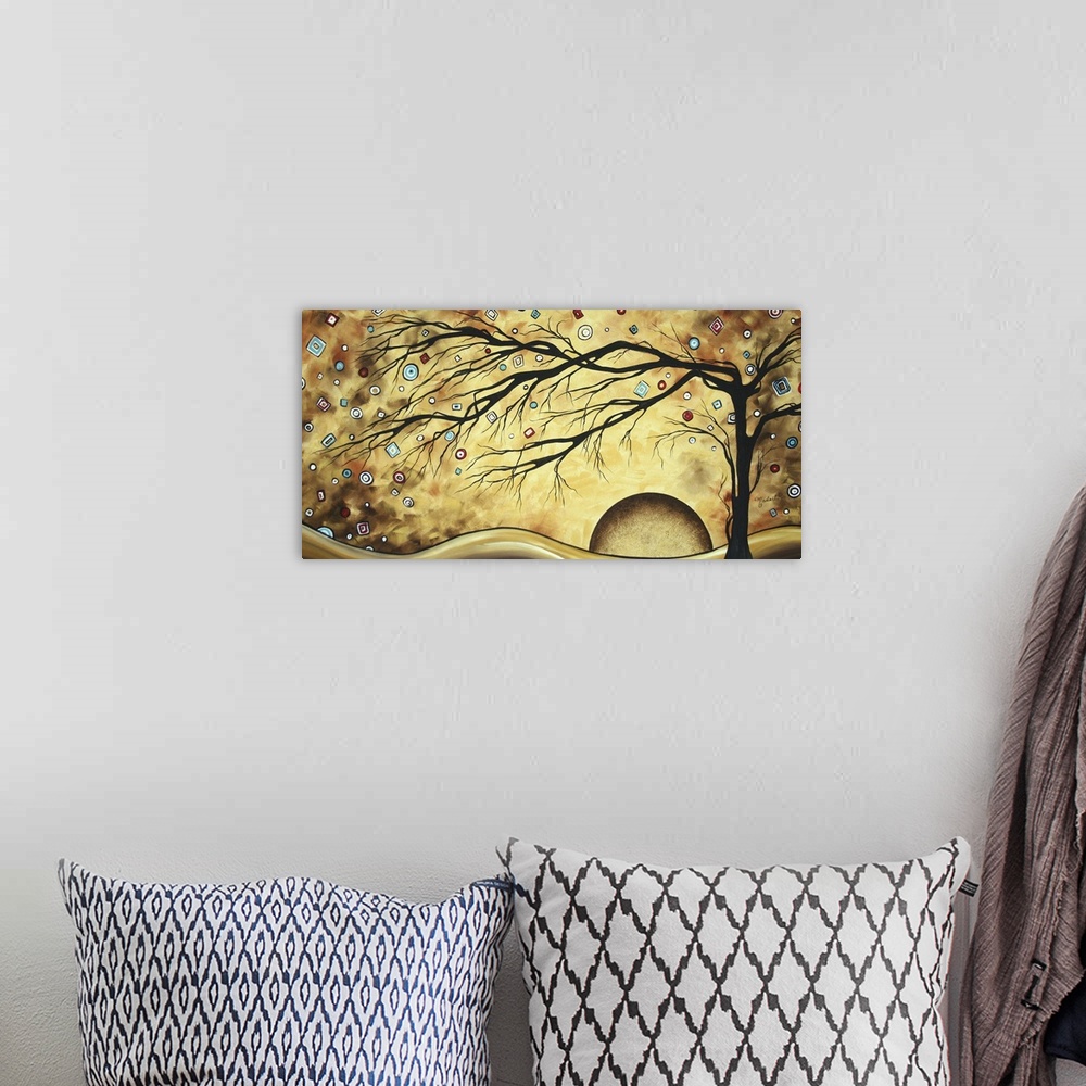 A bohemian room featuring Large abstract artwork of a wilting tree with a setting planet and circular and square designs do...