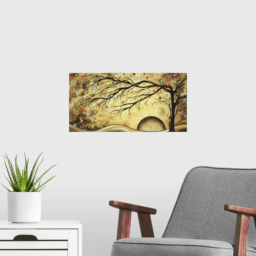 A modern room featuring Large abstract artwork of a wilting tree with a setting planet and circular and square designs do...