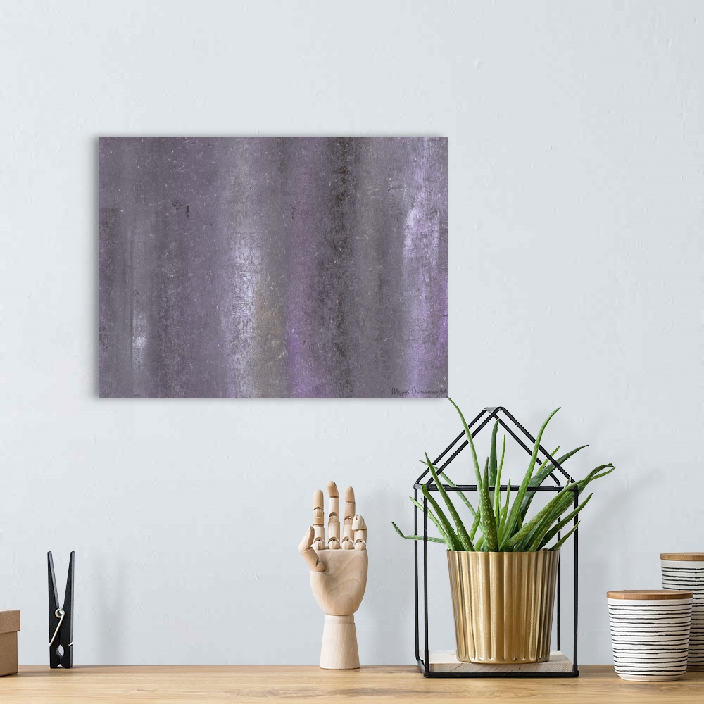 A bohemian room featuring A contemporary abstract painting that has light purple and gray hues running vertically down with...