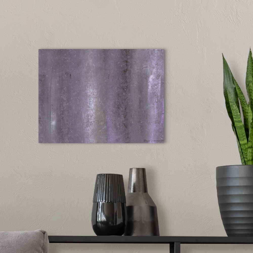 A modern room featuring A contemporary abstract painting that has light purple and gray hues running vertically down with...