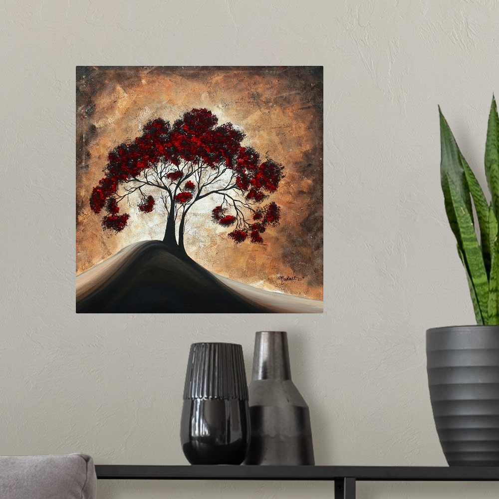 A modern room featuring Contemporary painting of a tree with many branches and bright red leaves on a single hill with a ...