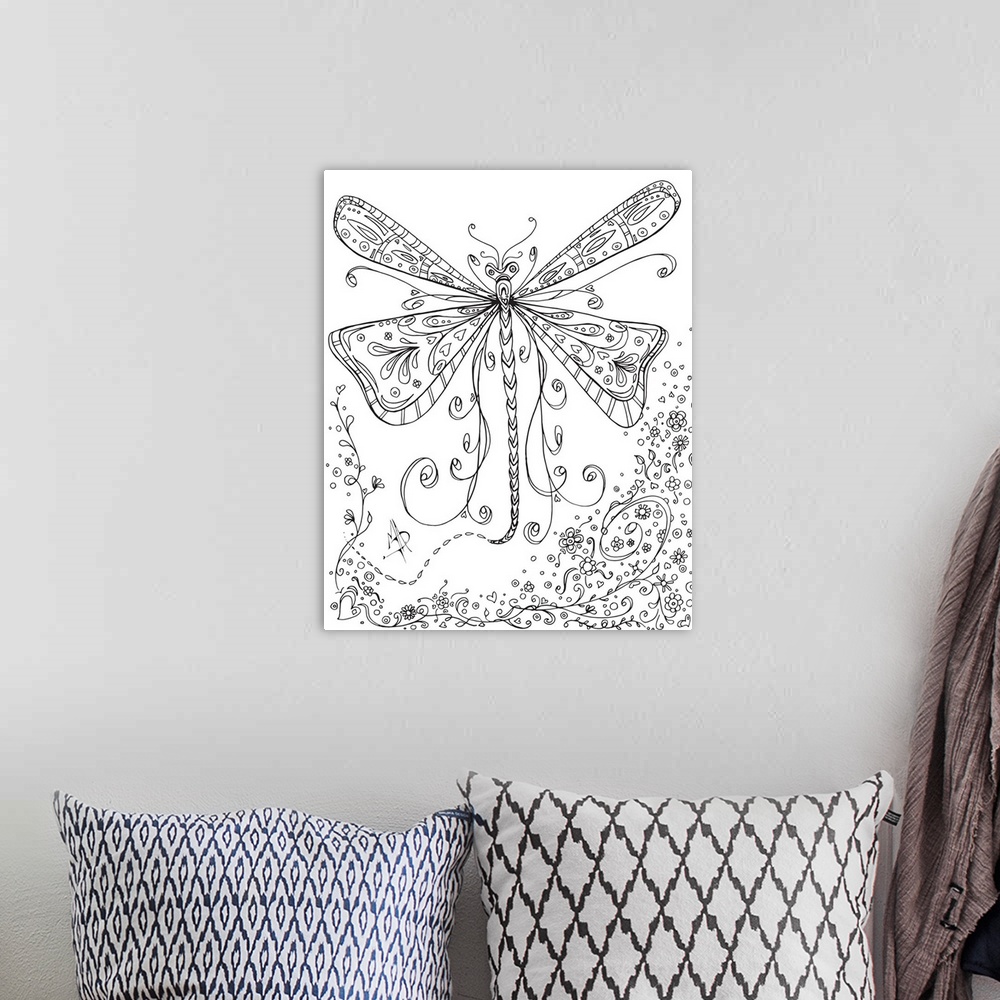 A bohemian room featuring Black and white line art of a dragonfly with large, patterned wings.