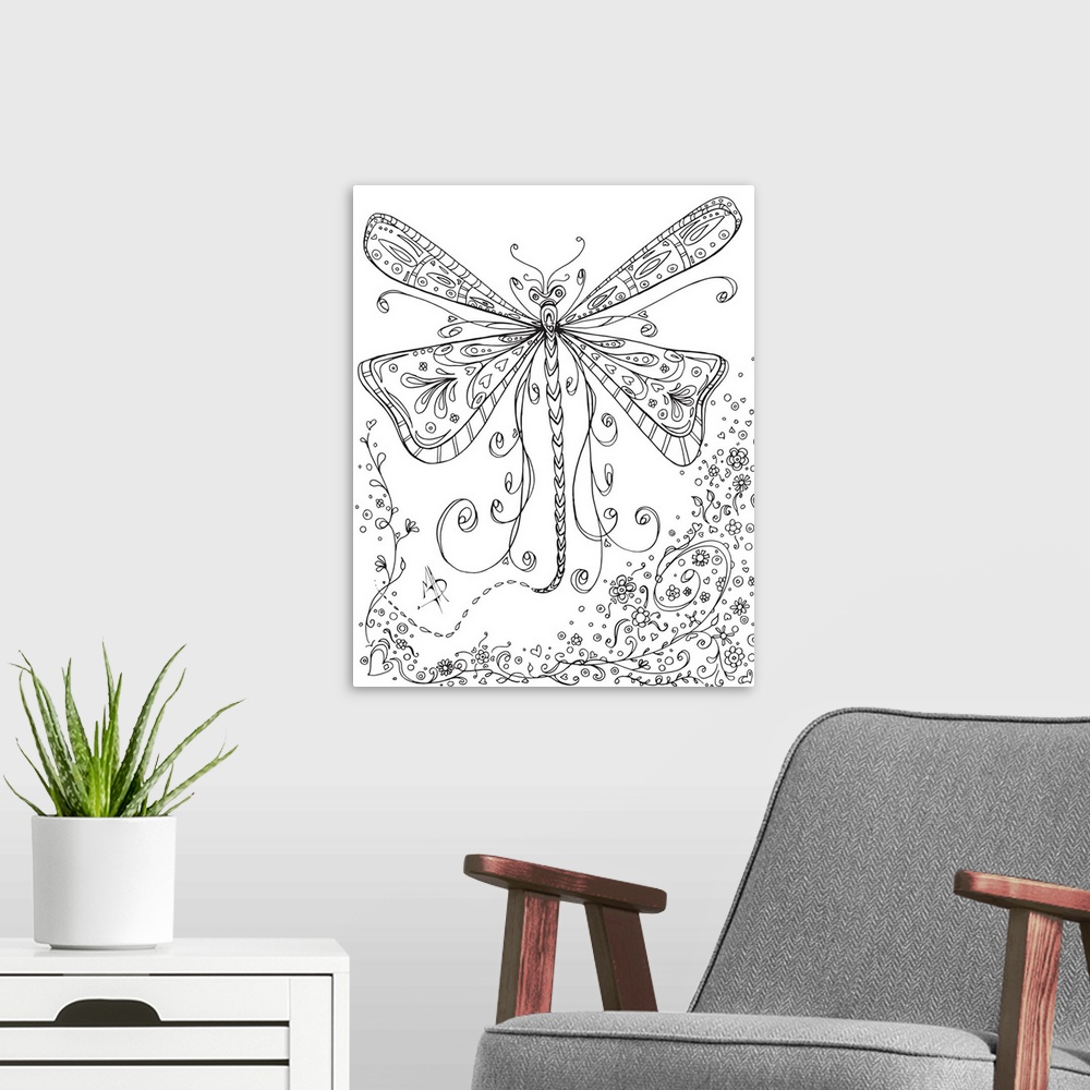 A modern room featuring Black and white line art of a dragonfly with large, patterned wings.