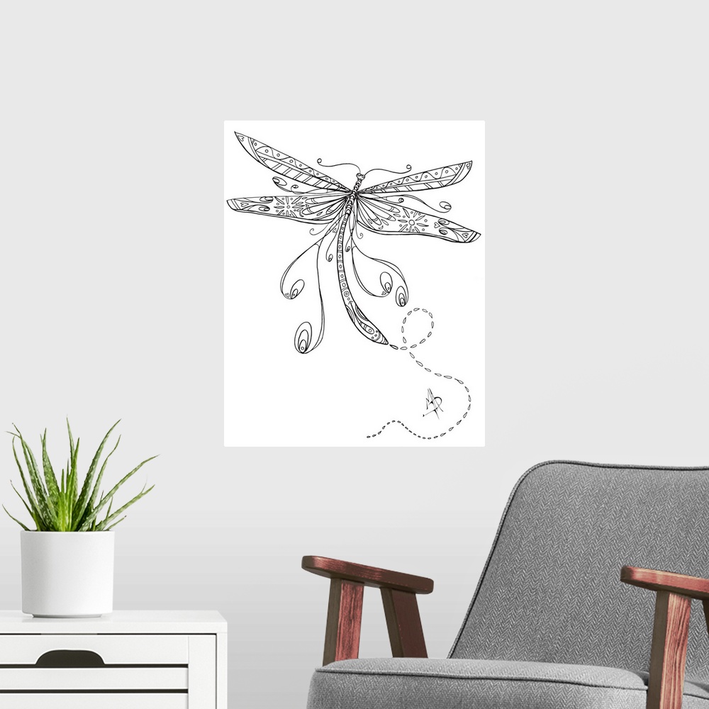 A modern room featuring Black and white line art of a dragonfly with large, patterned wings.