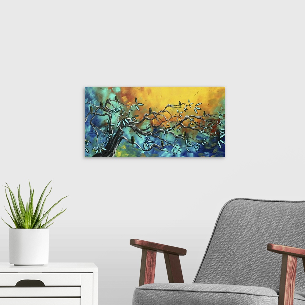 A modern room featuring Contemporary abstract panoramic painting of tree with long horizontal branches with leaves with c...