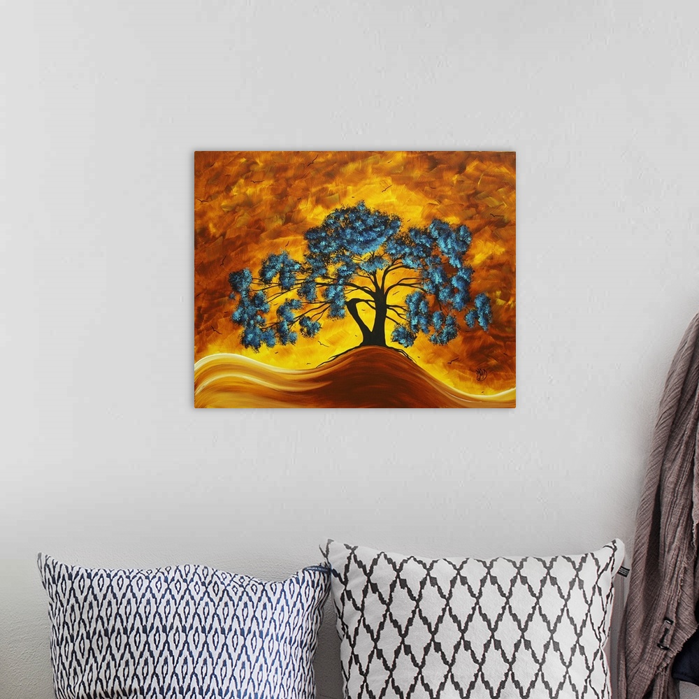 A bohemian room featuring A massive tree is drawn with blue colored leaves but is surrounded entirely by warmer tones.