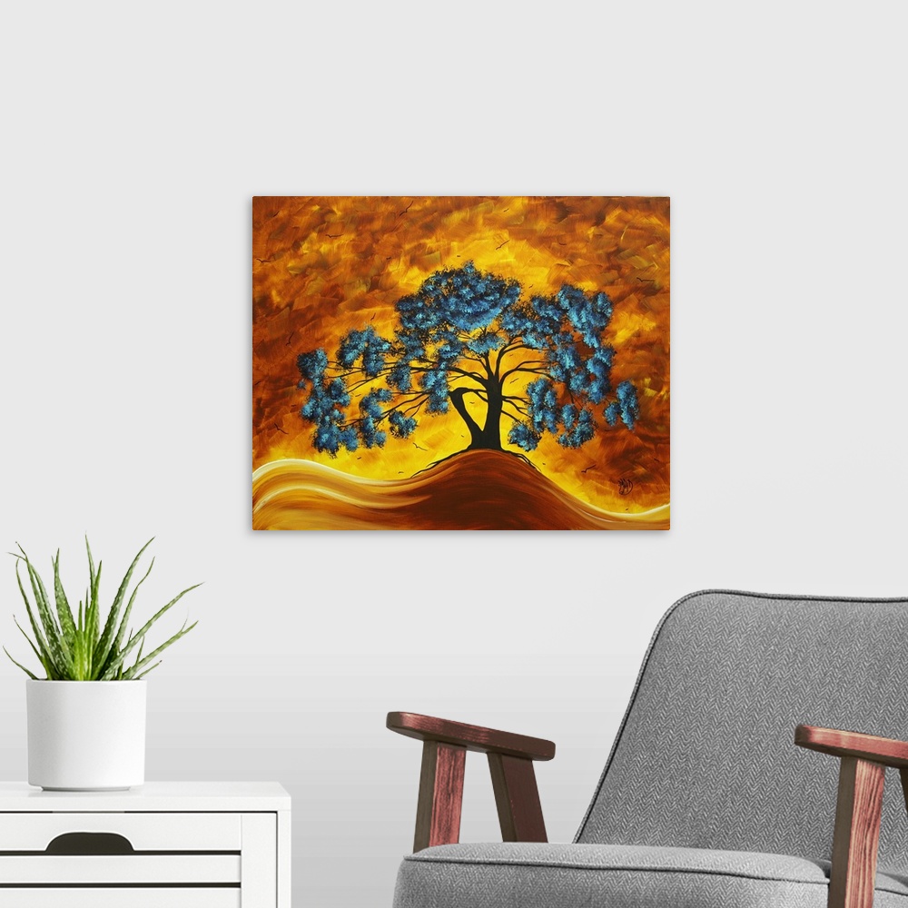 A modern room featuring A massive tree is drawn with blue colored leaves but is surrounded entirely by warmer tones.
