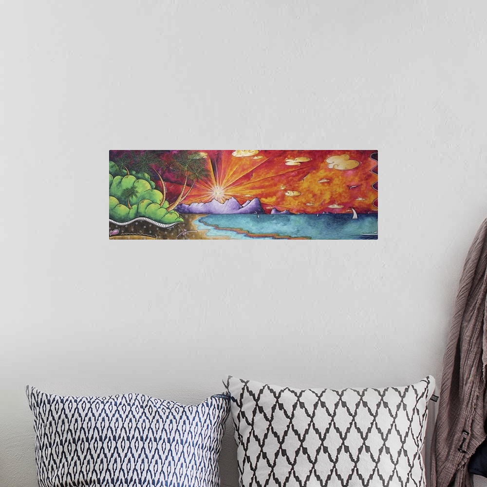 A bohemian room featuring Contemporary painting of the sun setting over a tropical paradise.