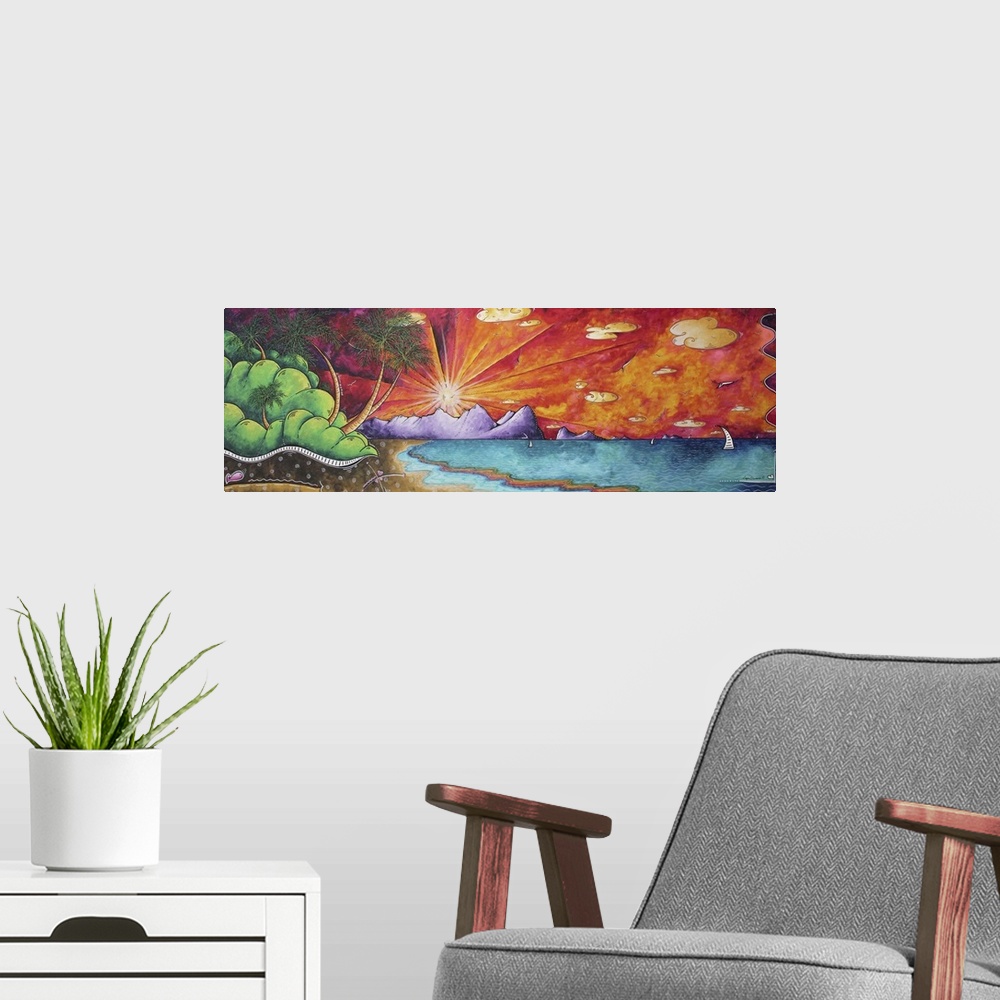 A modern room featuring Contemporary painting of the sun setting over a tropical paradise.