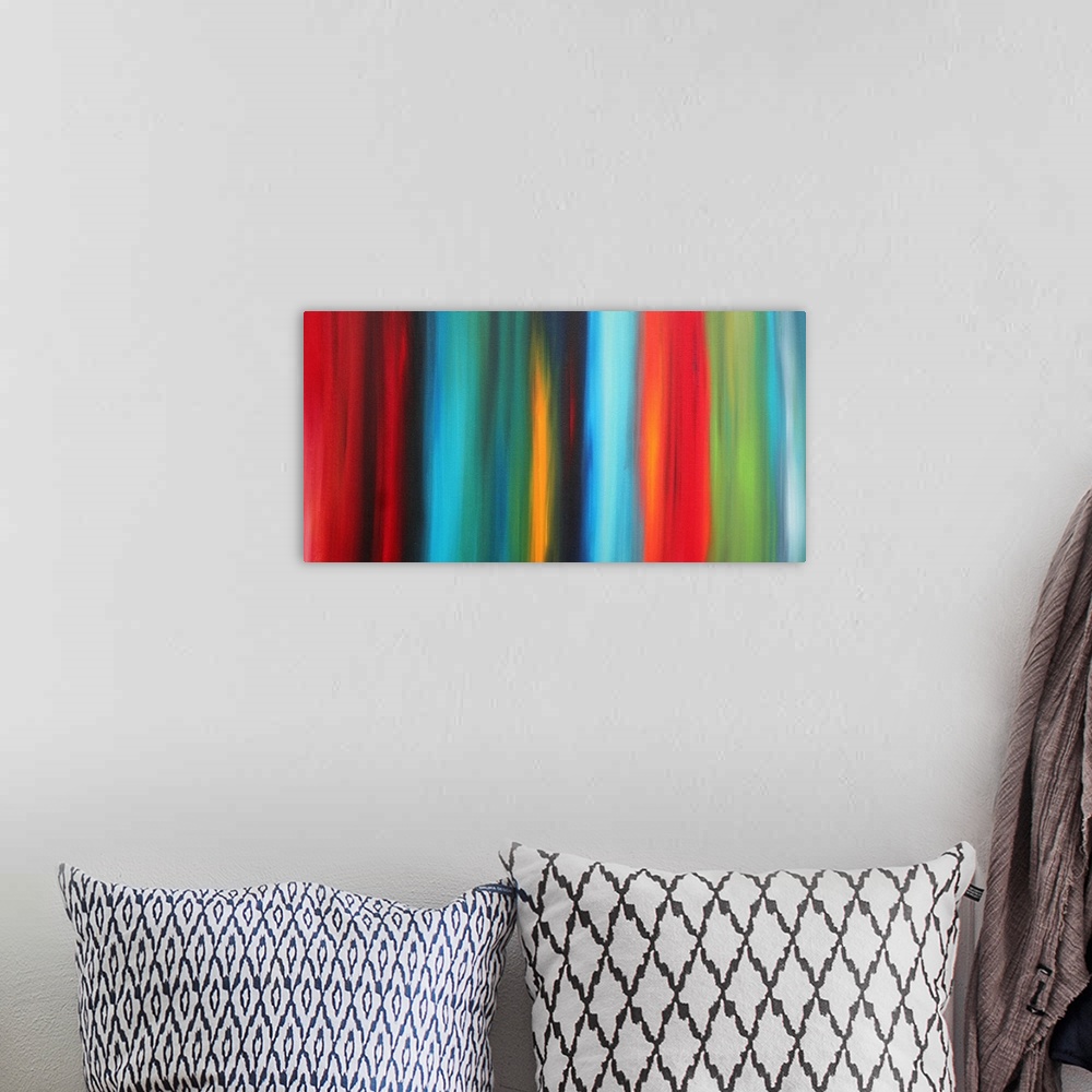 A bohemian room featuring Contemporary abstract image of blurred vertical multicolored stripes of color