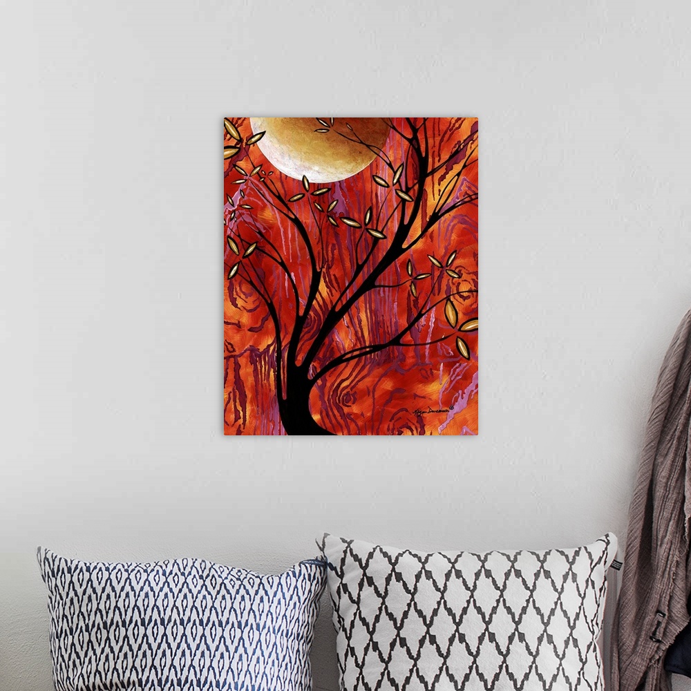 A bohemian room featuring Contemporary painting of a tree with long curving branches under a large full moon.