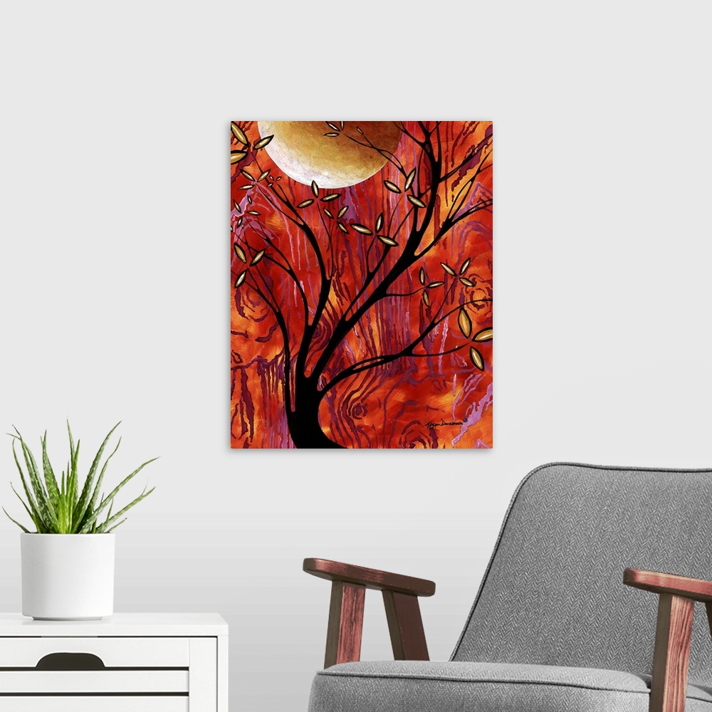 A modern room featuring Contemporary painting of a tree with long curving branches under a large full moon.