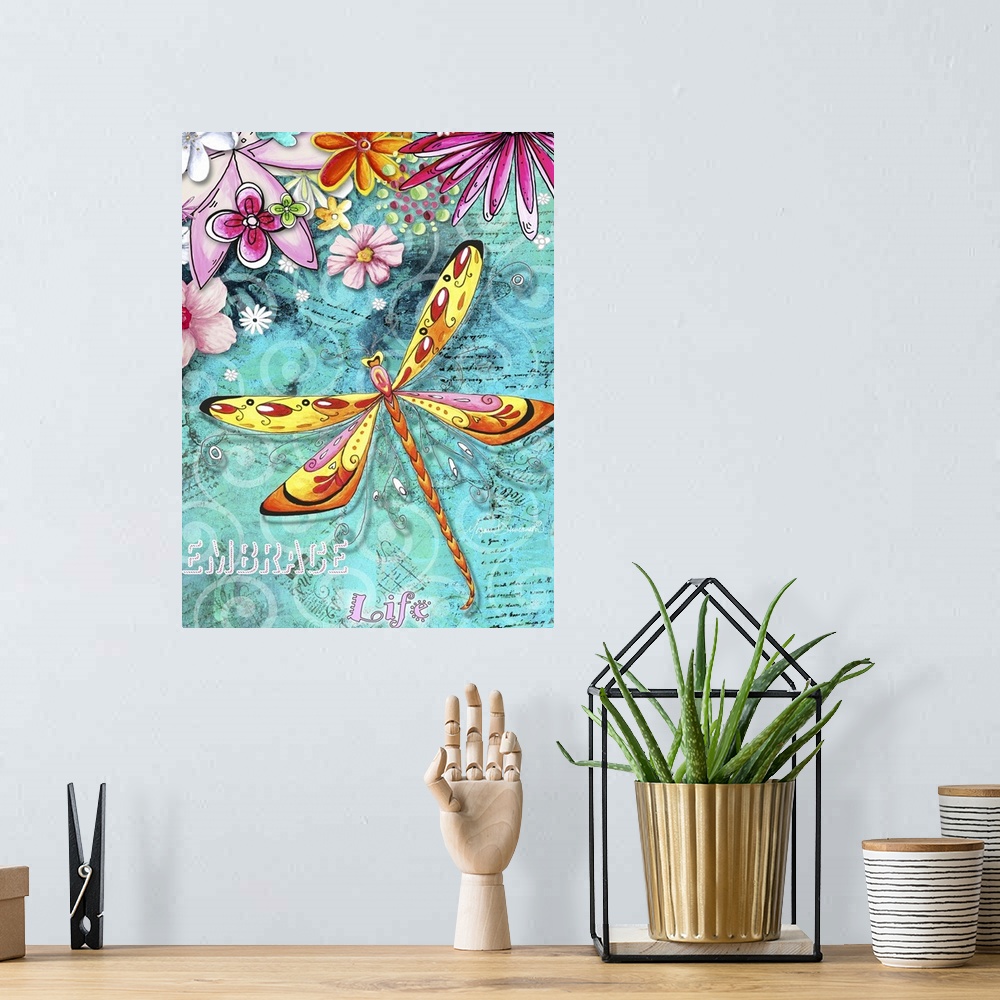 A bohemian room featuring Contemporary painting of a yellow and pink dragonfly against a teal background with pink flowers.