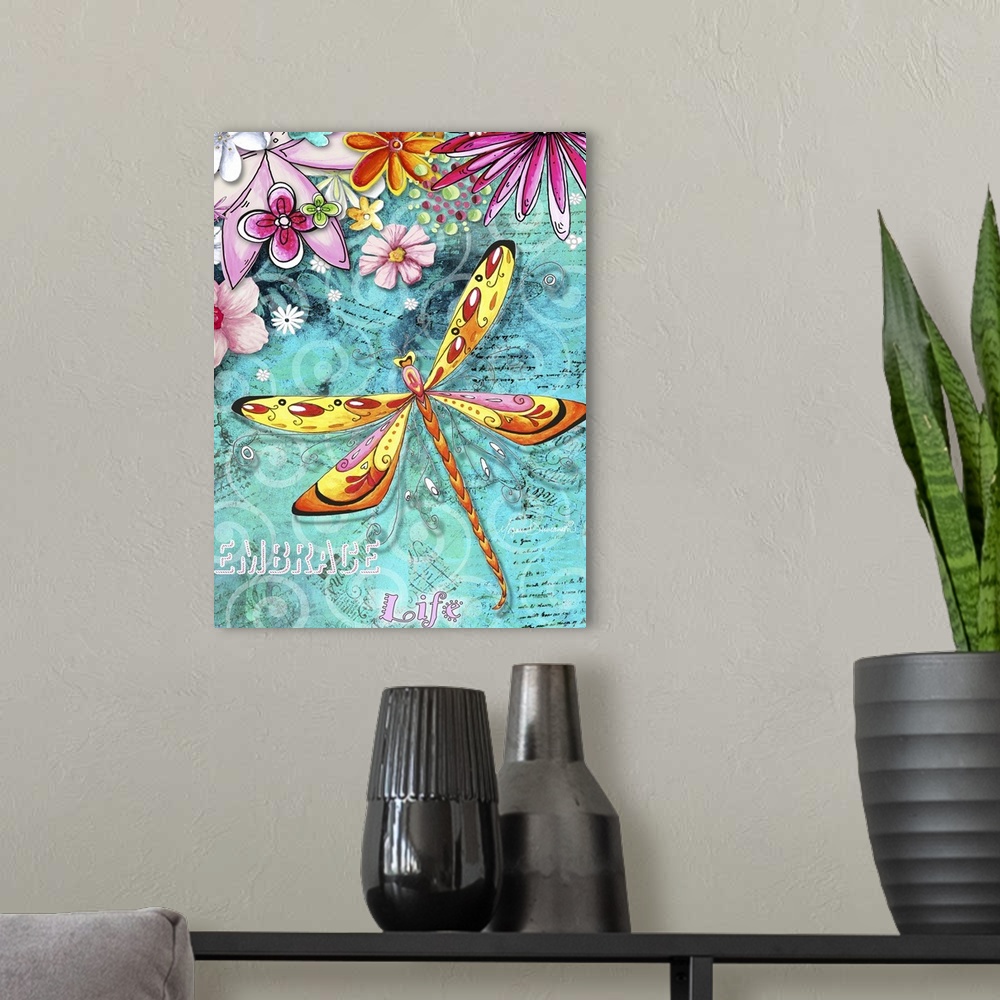 A modern room featuring Contemporary painting of a yellow and pink dragonfly against a teal background with pink flowers.