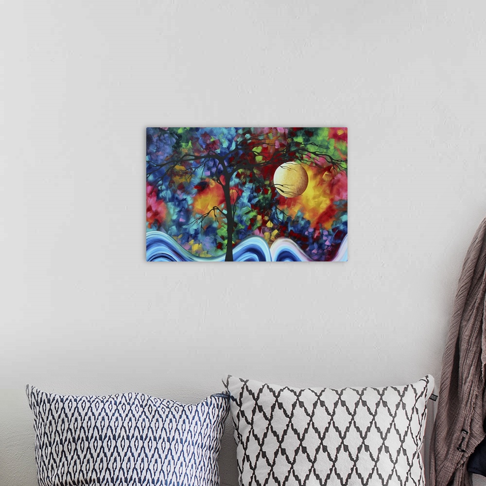 A bohemian room featuring Whimsical contemporary abstract painting of a tree silhouette with a multicolored paint daubed ba...