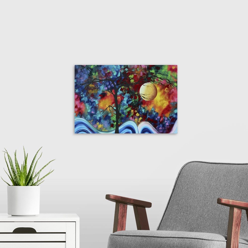 A modern room featuring Whimsical contemporary abstract painting of a tree silhouette with a multicolored paint daubed ba...