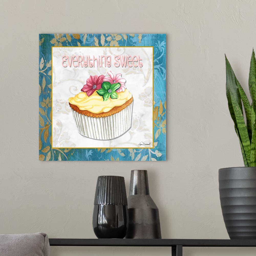 A modern room featuring A square panel featuring a cupcake decorated with three flowers and vanilla frosting.