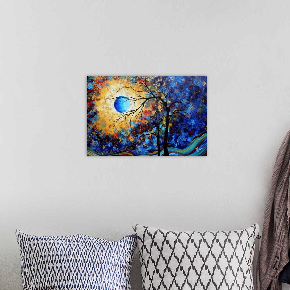 A bohemian room featuring Horizontal, large contemporary painting of the moon brightly lighting the night sky in patches of...