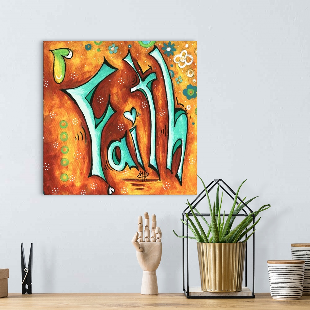 A bohemian room featuring Contemporary painting of the word faith in teal against an earth toned background.