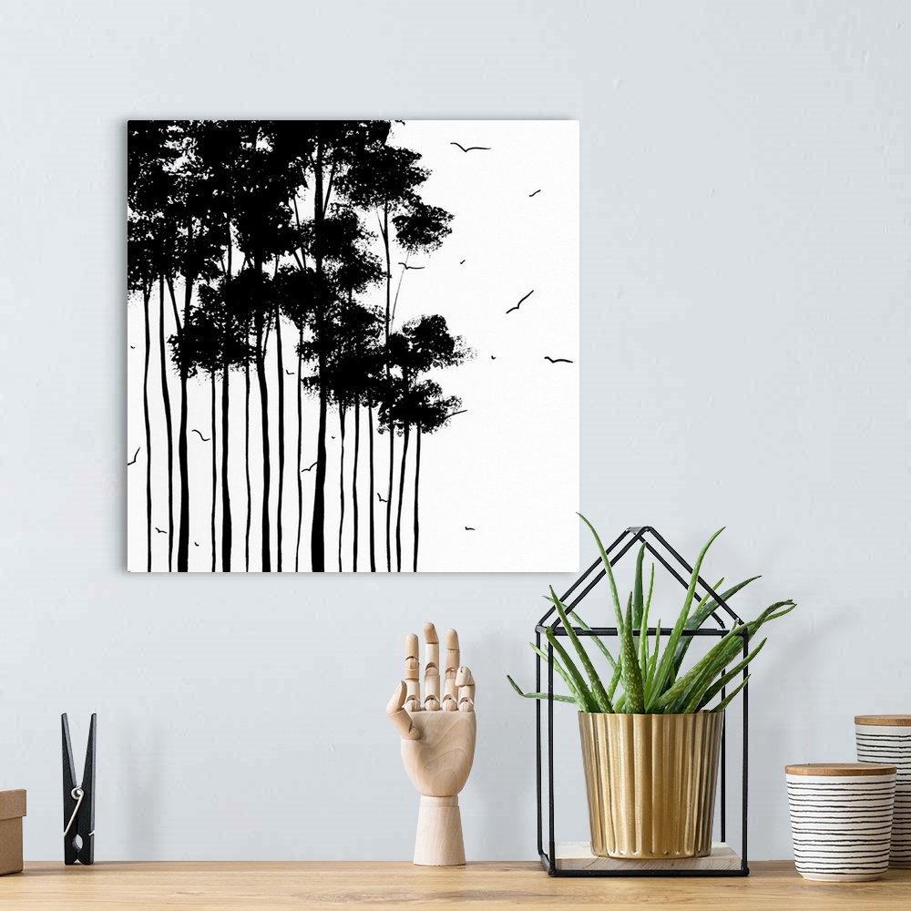 A bohemian room featuring This minimalist decorative wall art is square artwork of stylized and silhouetted trees being cir...