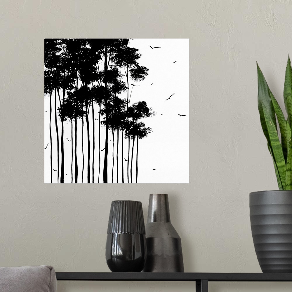 A modern room featuring This minimalist decorative wall art is square artwork of stylized and silhouetted trees being cir...